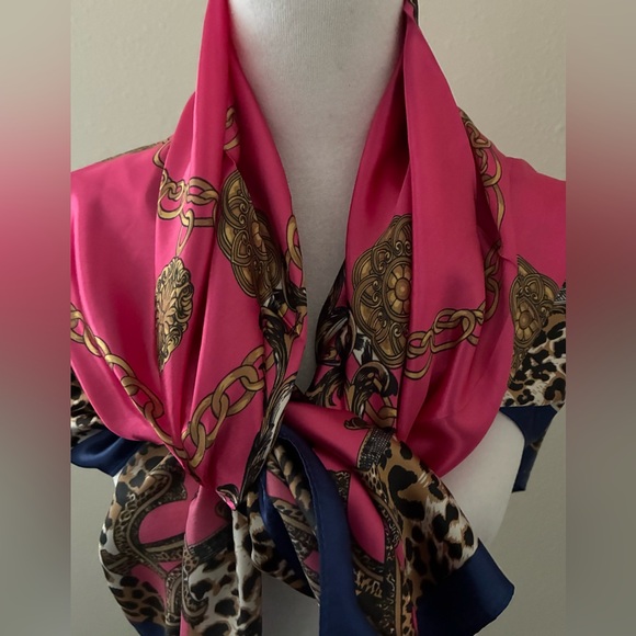 Mosi Accessories - Mosi Vibrant Scarf Hot Pink Baroque Animal Print Navy Trim 34” Square Vintage